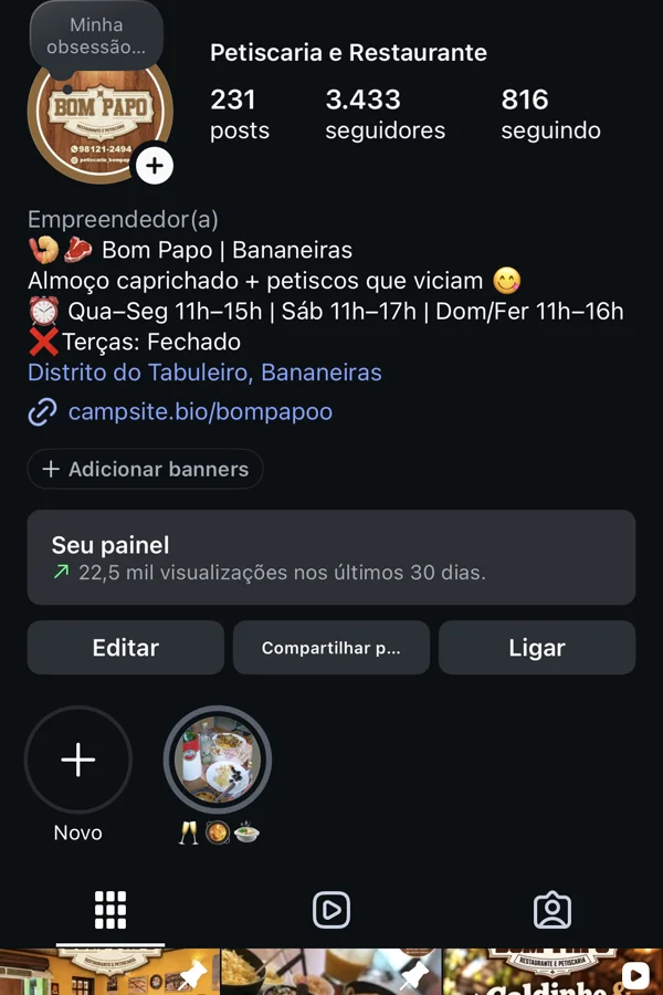 Perfil do restaurante Bom Papo no Instagram, com 3.433 seguidores e 22,5 mil visualizações nos últimos 30 dias