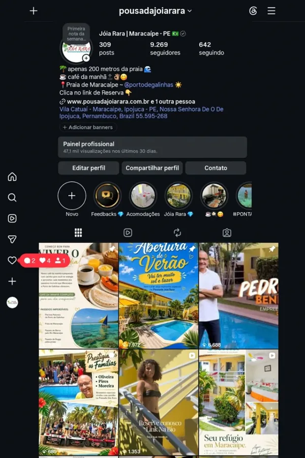 Perfil da Pousada Jóia Rara no Instagram, com 9.269 seguidores e 47,1 mil visualizações nos últimos 30 dias