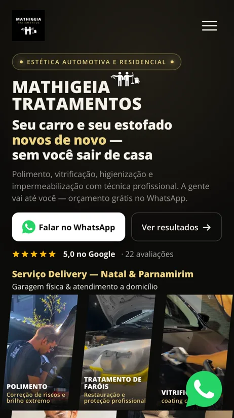 Site da Mathigeia Tratamentos aberto no celular